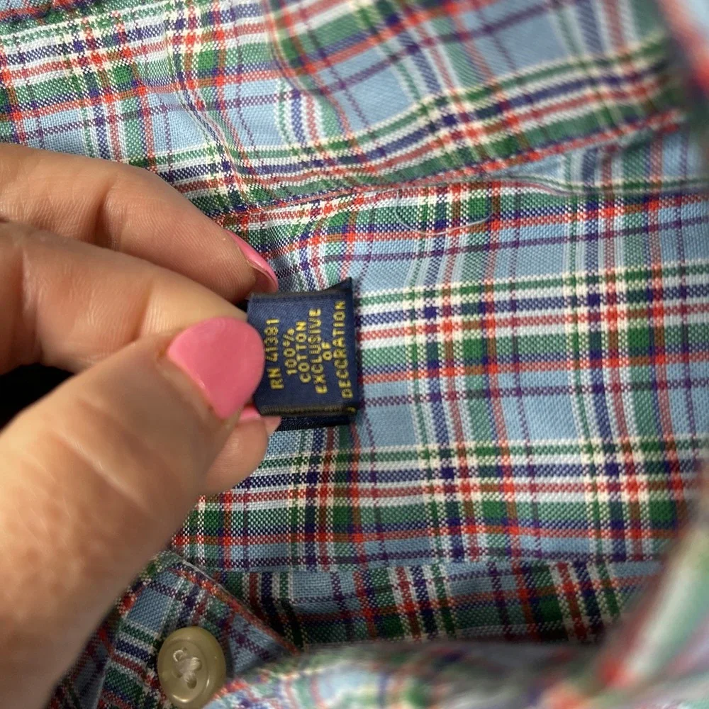 Ralph Lauren Shirt Men Large Blue‎ Multicolored Plaid Long Sleeve Cotton Preppy